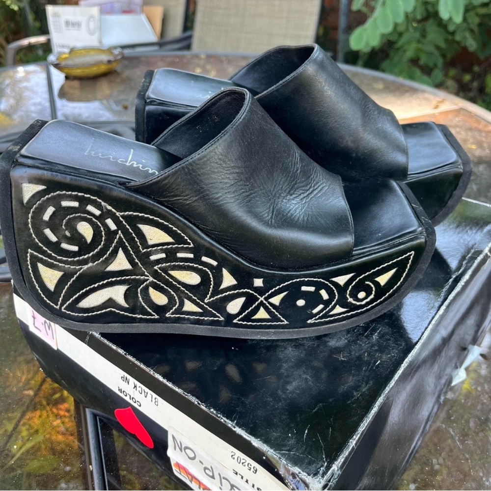 Black Leather Wedge Sandals